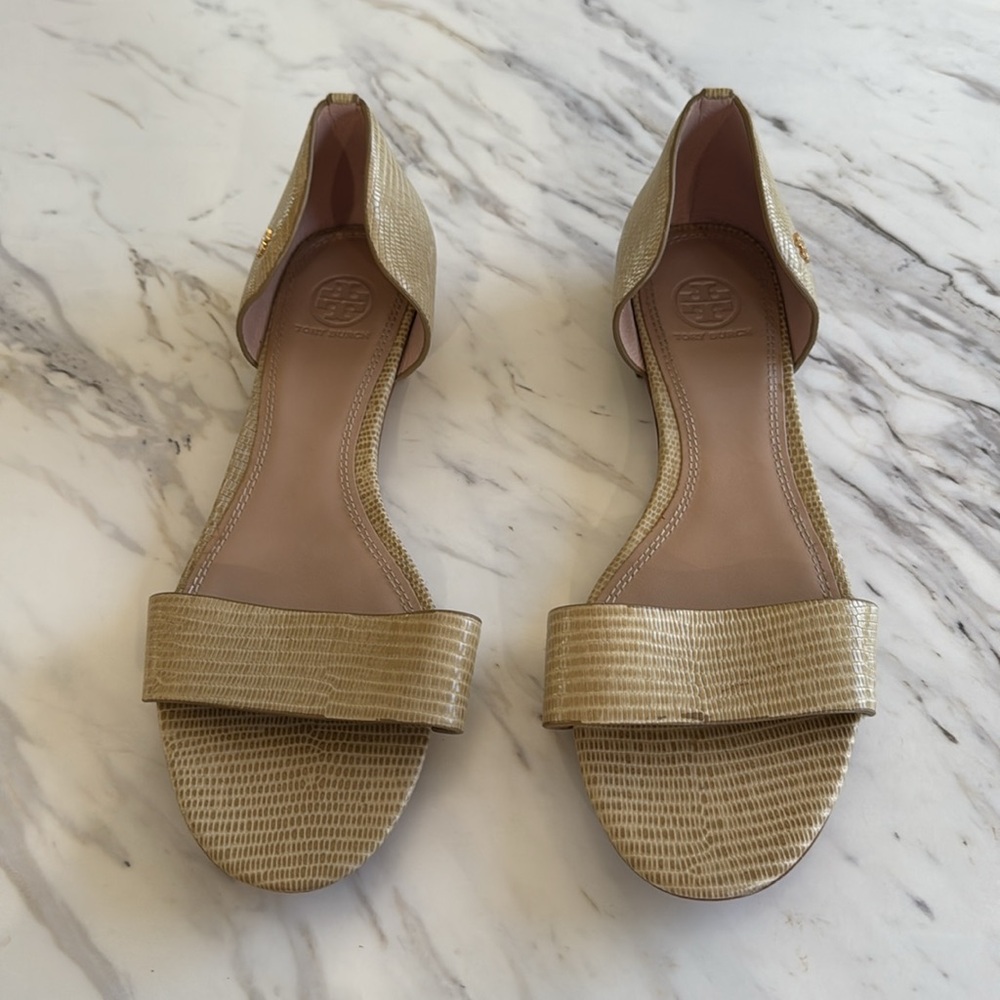 Tory Burch Savannah D'Orsay Flat Sandals Tan Embossed Leather Strap‎ Front Sz 10